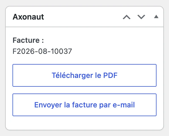 Bloc Axonaut dans la commande WooCommerce : facture F2026-08-10037 créée, boutons Télécharger le PDF et Envoyer la facture par e-mail
