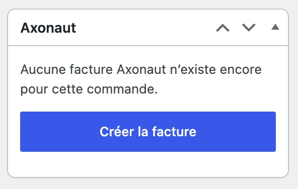 Bloc Axonaut dans une commande WooCommerce sans facture : bouton Créer la facture