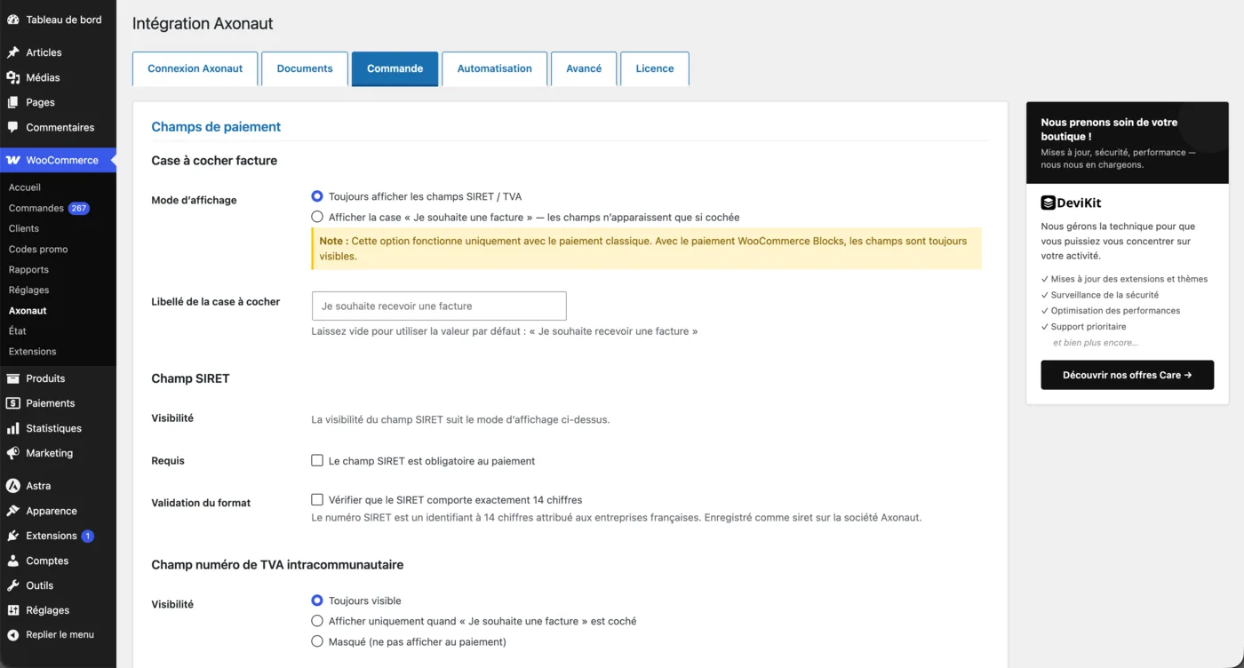 Onglet Commande : mode d'affichage des champs SIRET et TVA, case Je souhaite une facture, champs obligatoires et validation du format